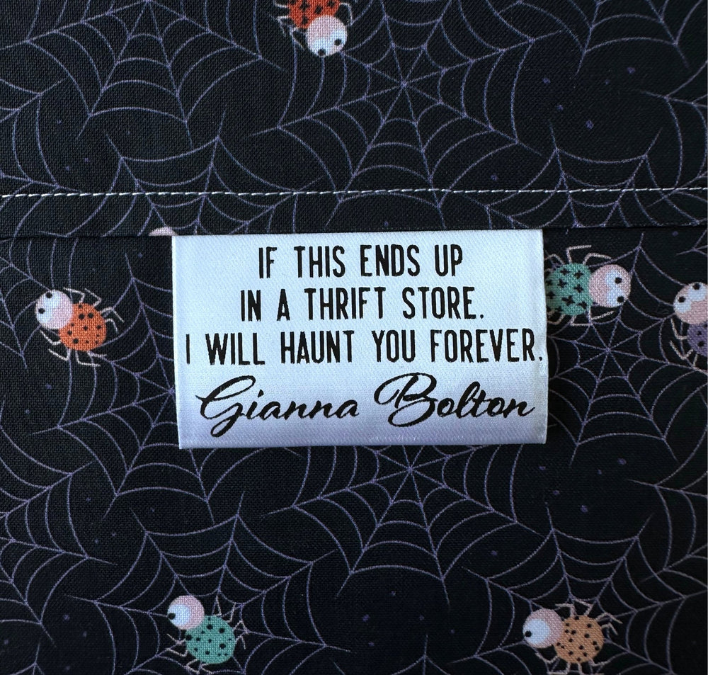 Funny Quilt Satin Tag – “If This Ends Up in a Thrift Store I Will Haunt You Forever” – Personalized Maker Name – 2" x 1" Folded Sew - In Tag – Set of 25 - Jammin Threads