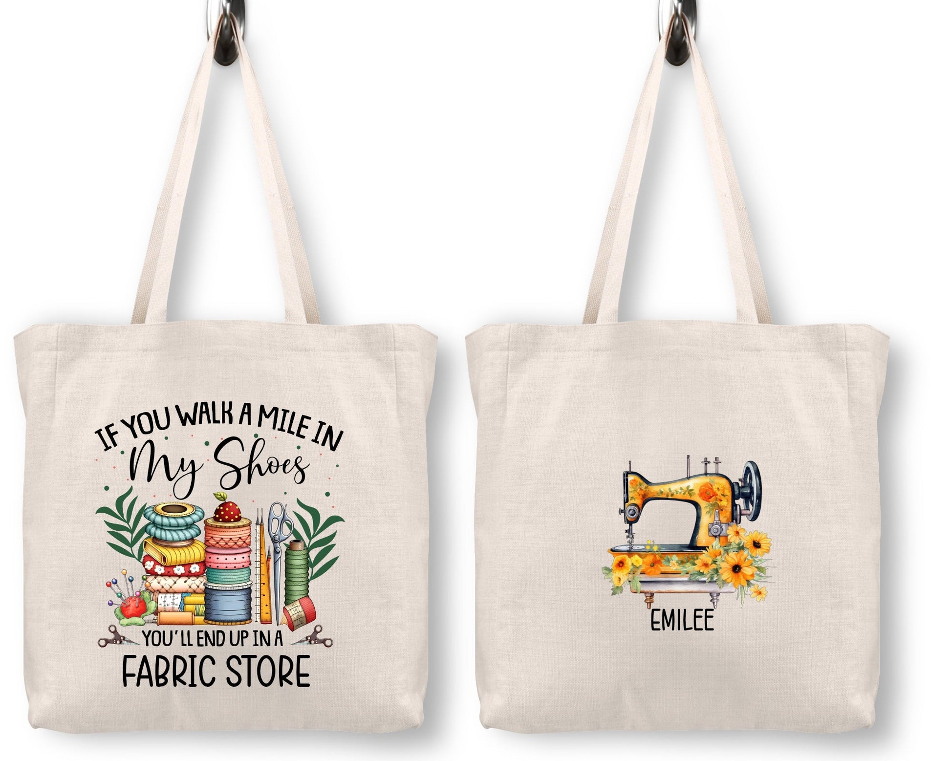 If you walk a mile in my shoes, you'll end up at the fabric store personalized tote bag - Jammin Threads