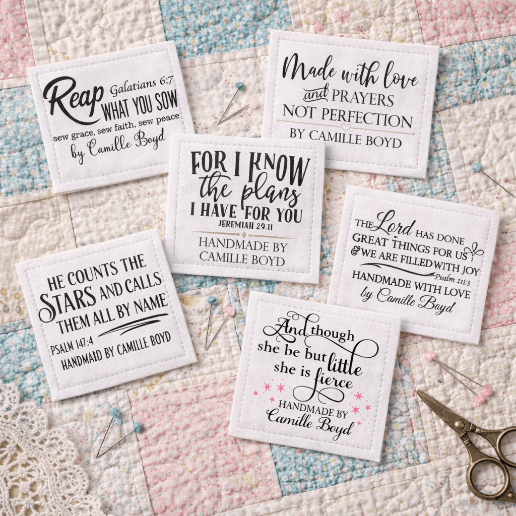 Inspirational Bible Verse Quilt Labels – Personalized Sew - On Labels (6 Per Sheet), Christian Quilt Tags, Cotton or Polyester - Jammin Threads