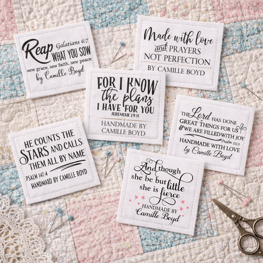 Inspirational Bible Verse Quilt Labels – Personalized Sew - On Labels (6 Per Sheet), Christian Quilt Tags, Cotton or Polyester - Jammin Threads