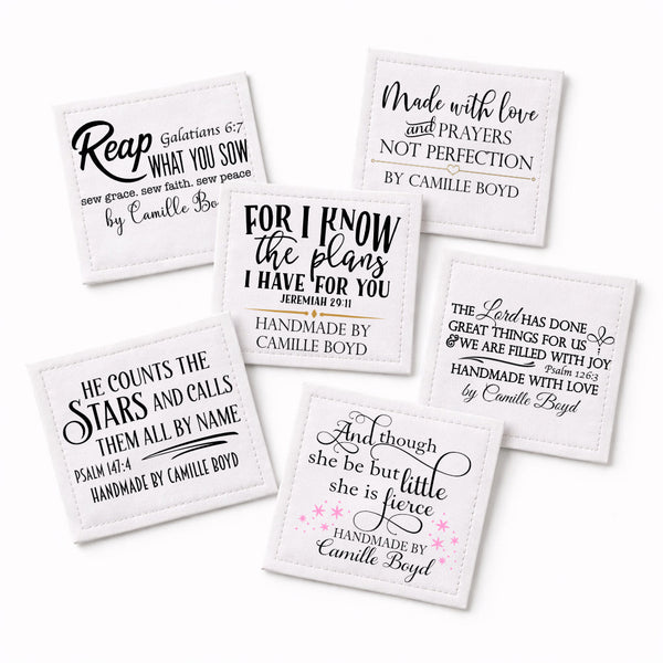 Inspirational Bible Verse Quilt Labels – Personalized Sew - On Labels (6 Per Sheet), Christian Quilt Tags, Cotton or Polyester - Jammin Threads