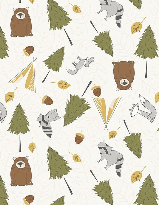 Into the Woodlands Critters and Trees Cream Children's Quilt Fabric Wilmington Prints - Jammin Threads