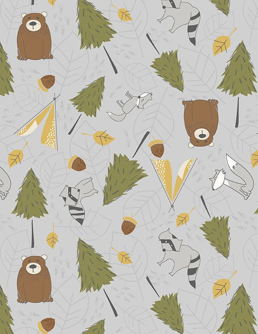 Into the Woodlands Critters and Trees Gray Children's Quilt Fabric Wilmington Prints - Jammin Threads