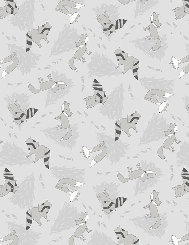 Into the Woodlands Raccoon and Fox Toss Gray Children's Quilt Fabric Wilmington Prints - Jammin Threads