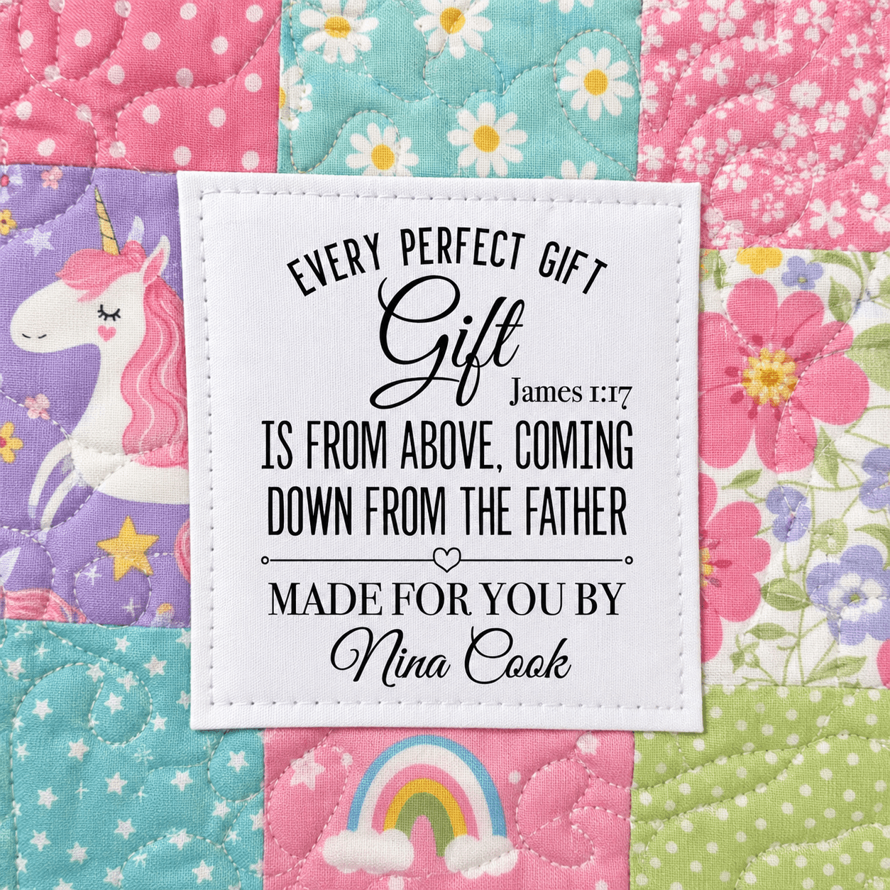 James 1:17 Quilt Label – Every Perfect Gift Is From Above Personalized Scripture Quilt Tag - Jammin Threads