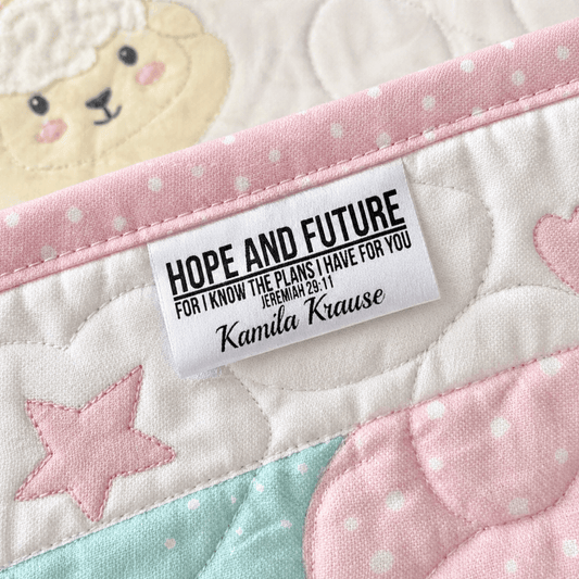 Jeremiah 29:11 Quilt Label – Hope & Future Satin Tag | Personalized Sew - In Label with Name | Christian Quilt Tag - Jammin Threads