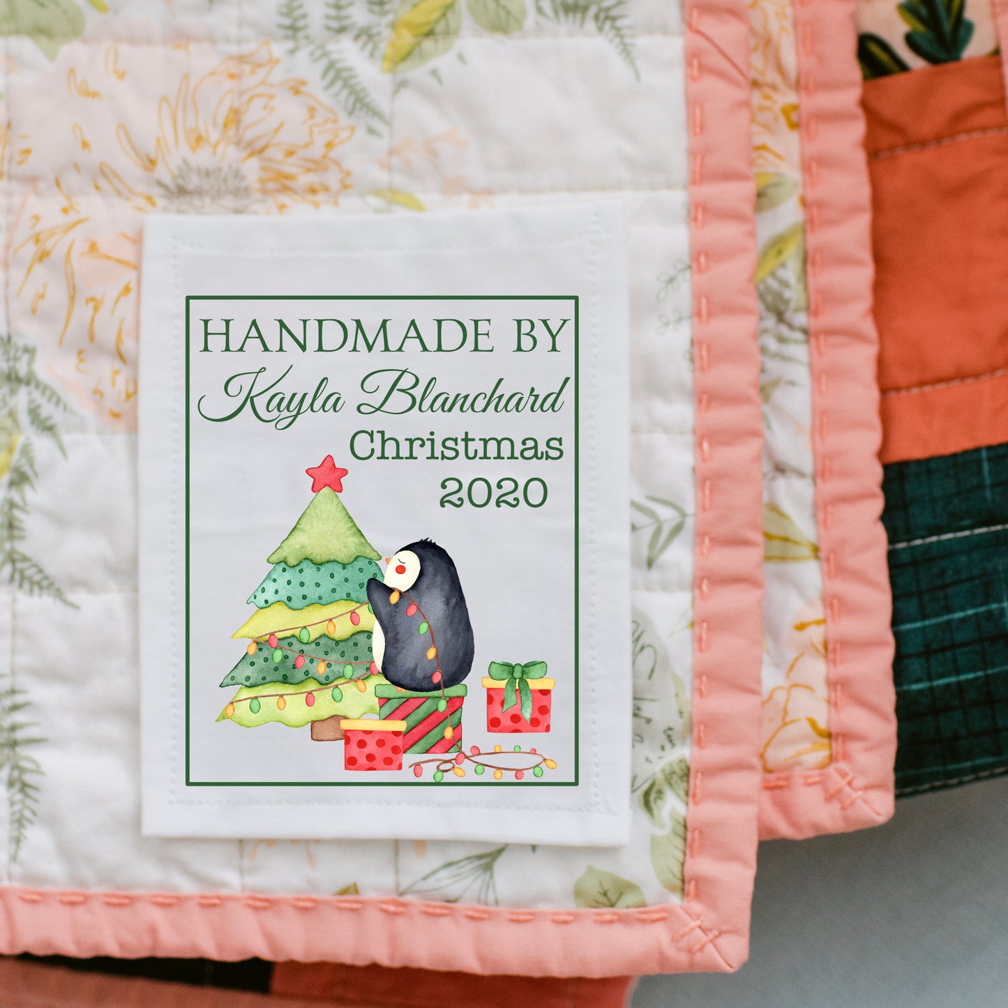 Christmas Penguins. Personalized Christmas quilt labels