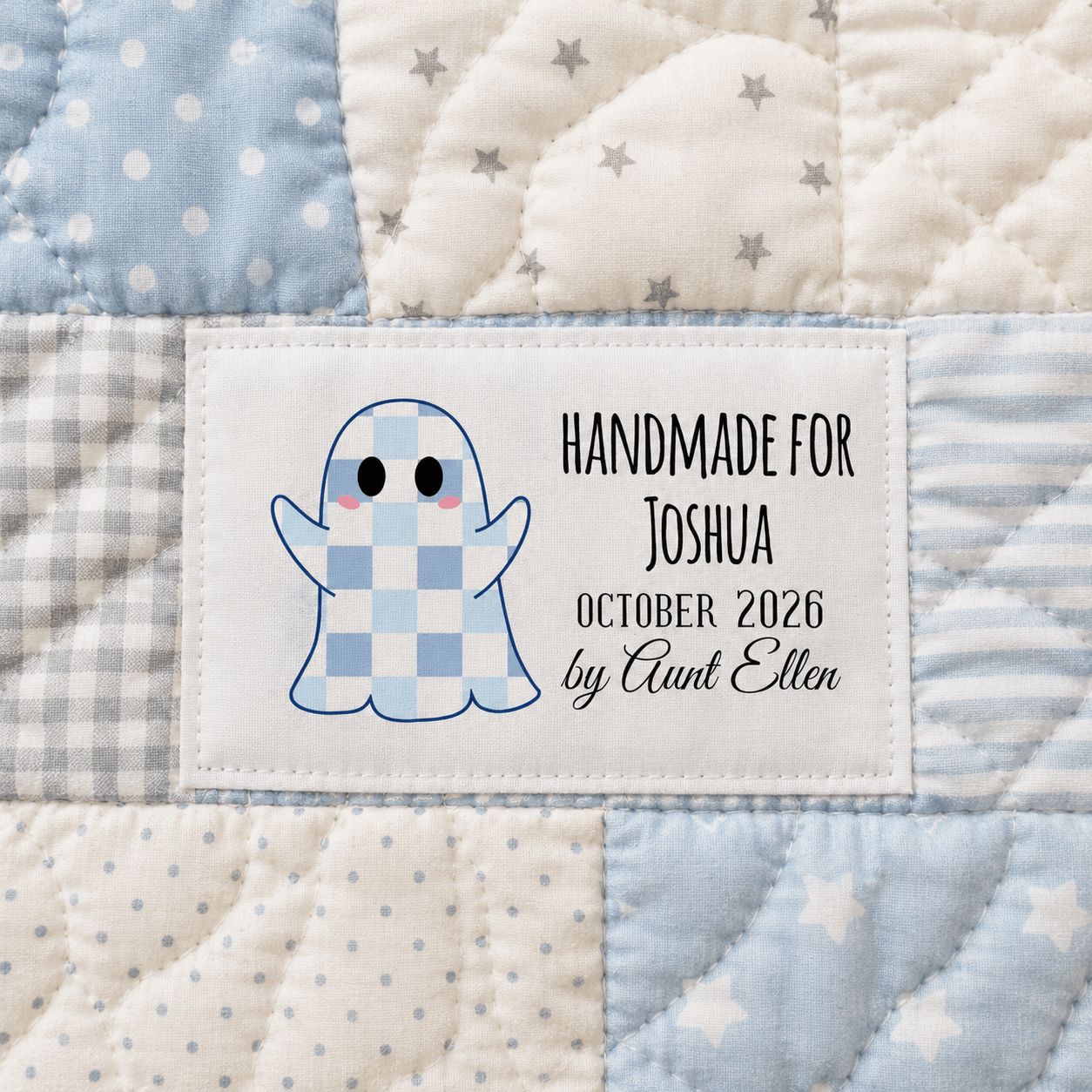 Little Ghost Quilt Label, Personalized Ghost Quilt Tag, Handmade For Quilt Label, Cotton or Polyester Sew-On Label - Jammin Threads