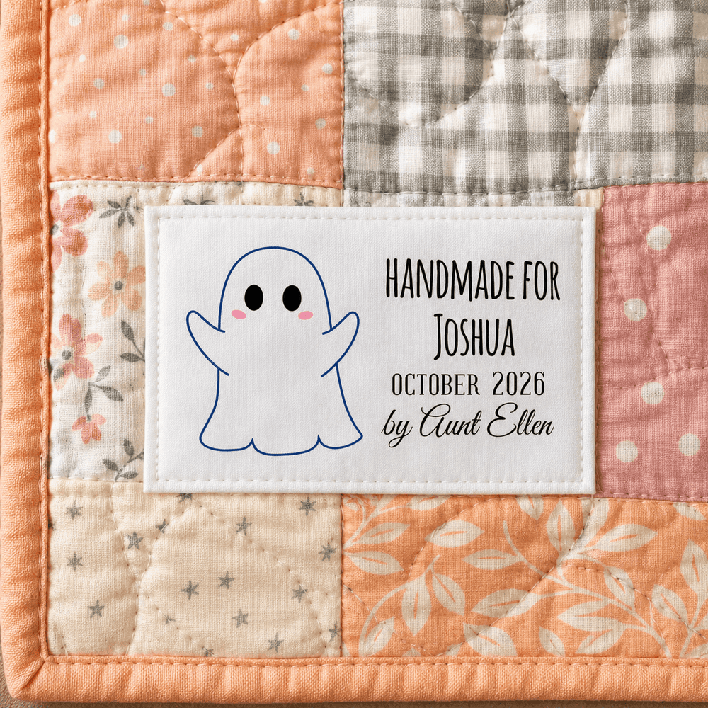 Little Ghost Quilt Label, Personalized Ghost Quilt Tag, Handmade For Quilt Label, Cotton or Polyester Sew-On Label - Jammin Threads