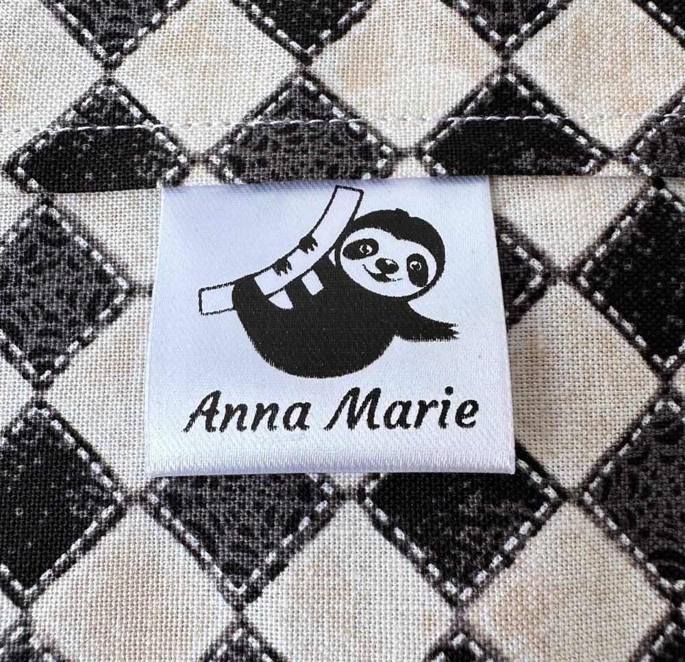 Personalized Sloth Satin Quilt Tag – 1" x 1" Fold Over Sewing Label with Maker Name - Jammin Threads