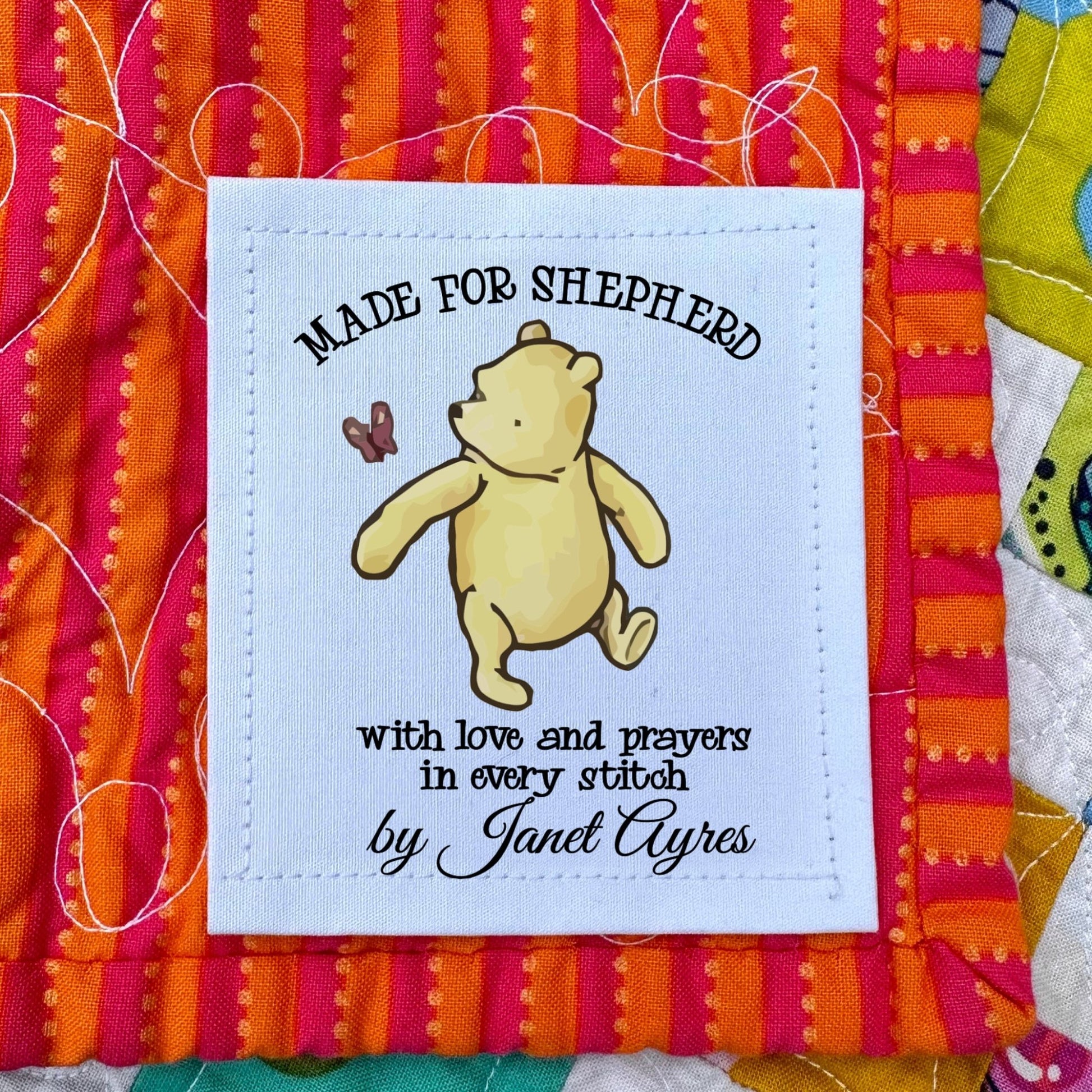 Love and prayers in every stitch. Children's quilt label - Jammin Threads