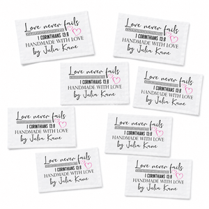 Love Never Fails Personalized Quilt Labels | 1 Corinthians 13:8 Custom Quilt Tags - Jammin Threads