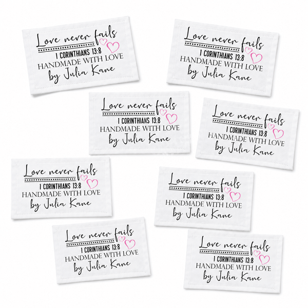 Love Never Fails Personalized Quilt Labels | 1 Corinthians 13:8 Custom Quilt Tags - Jammin Threads