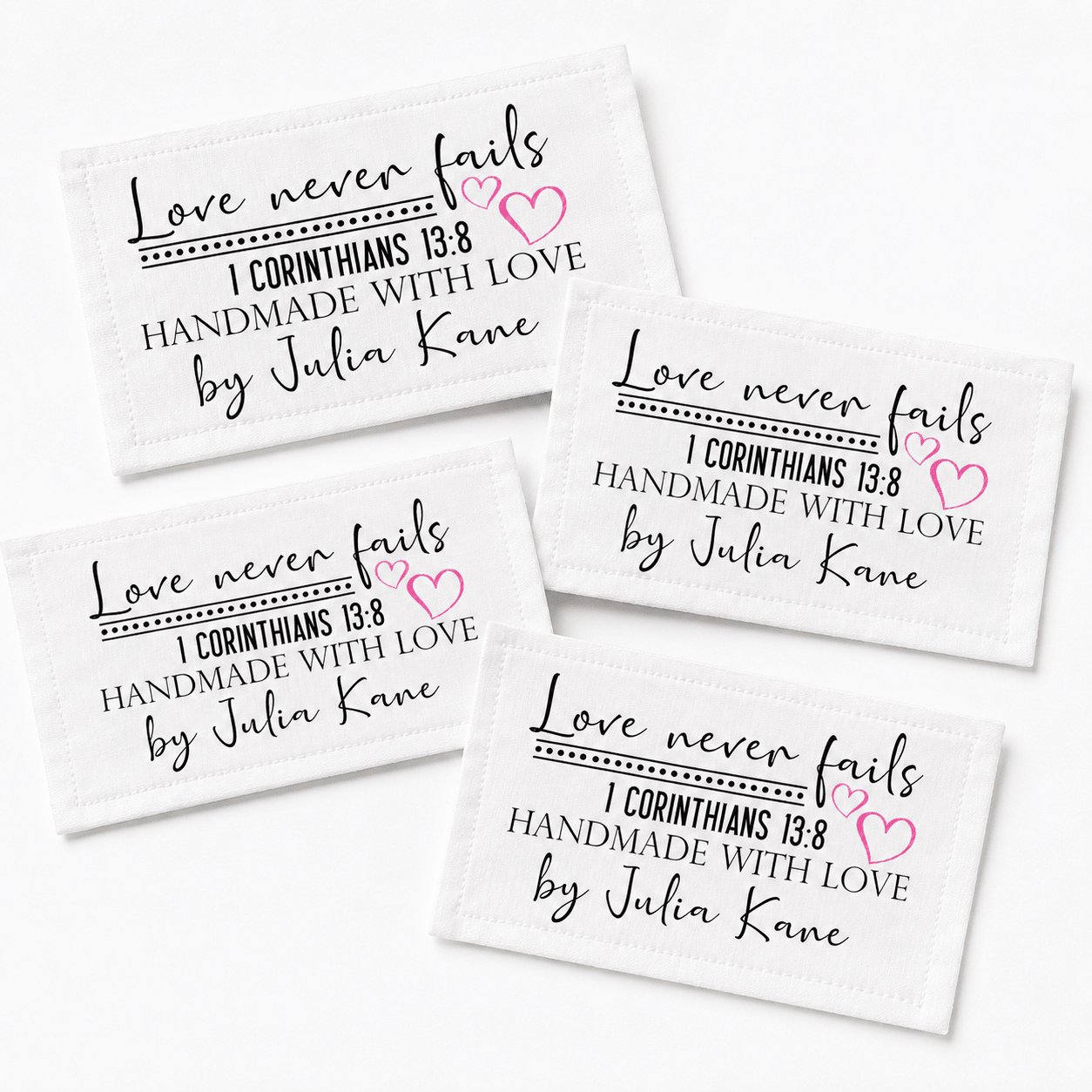 Love Never Fails Personalized Quilt Labels | 1 Corinthians 13:8 Custom Quilt Tags - Jammin Threads