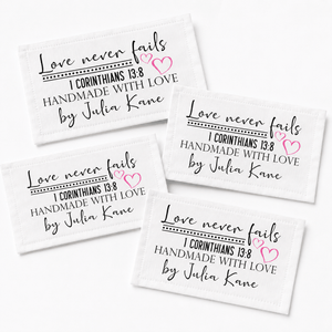 Love Never Fails Personalized Quilt Labels | 1 Corinthians 13:8 Custom Quilt Tags - Jammin Threads