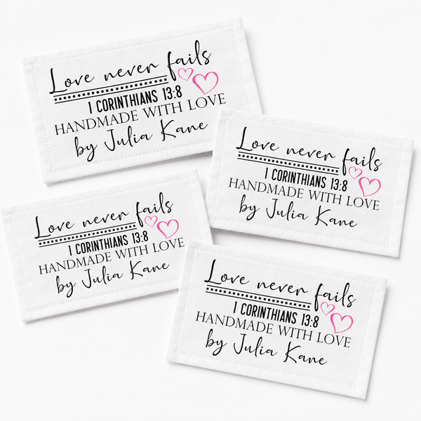 Love Never Fails Personalized Quilt Labels | 1 Corinthians 13:8 Custom Quilt Tags - Jammin Threads