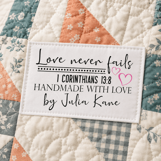 Love Never Fails Personalized Quilt Labels | 1 Corinthians 13:8 Custom Quilt Tags - Jammin Threads