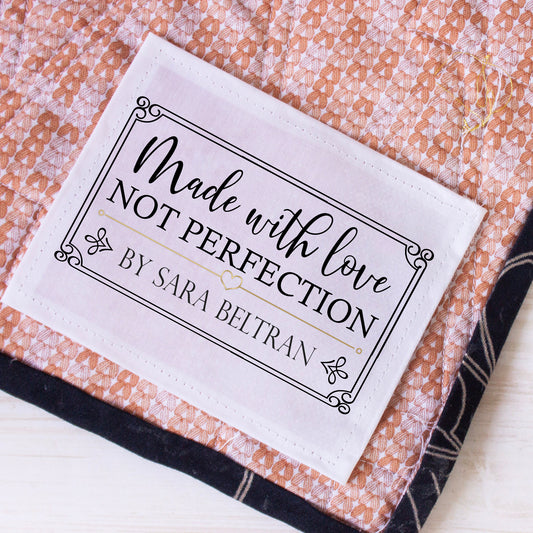 Made with Love Not Perfection Quilt Labels. Personalized quilt labels