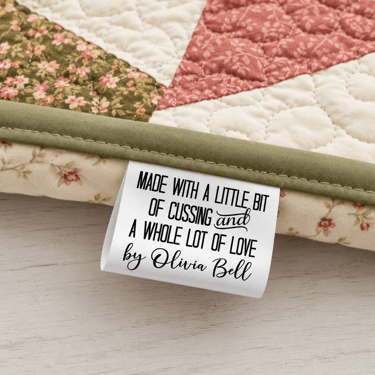 Made with a Little Bit of Cussing and a Whole Lot of Love” Satin Quilt Tags - Jammin Threads