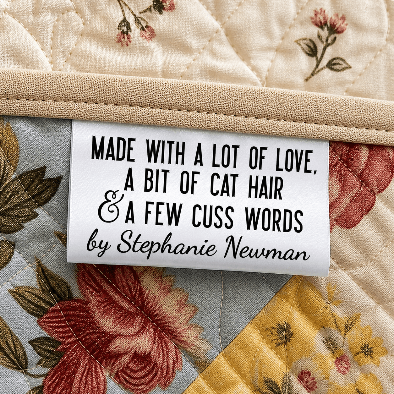 “Made With a Lot of Love, a Bit of Cat Hair & a Few Cuss Words” Fold - Over Satin Tags - Jammin Threads