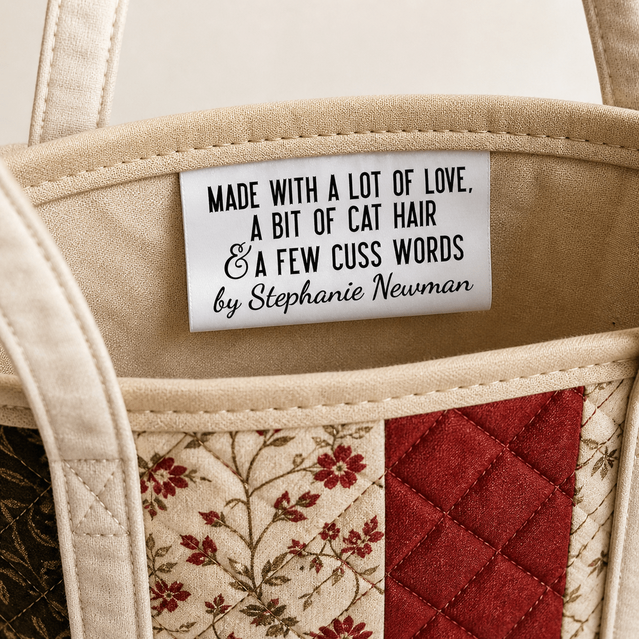 “Made With a Lot of Love, a Bit of Cat Hair & a Few Cuss Words” Fold - Over Satin Tags - Jammin Threads