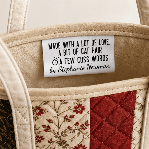 “Made With a Lot of Love, a Bit of Cat Hair & a Few Cuss Words” Fold - Over Satin Tags - Jammin Threads