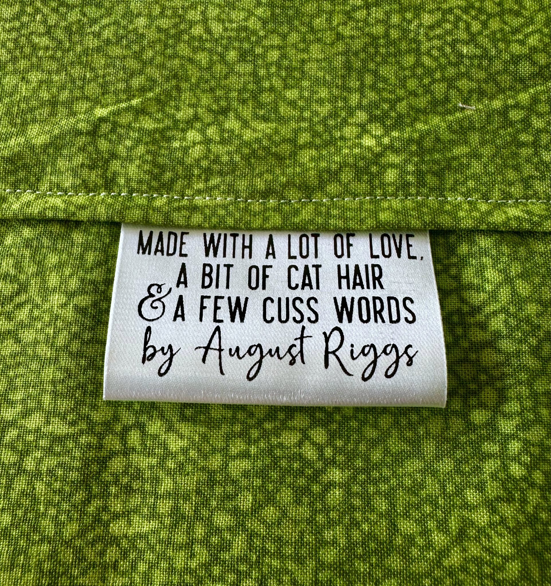 Made with Love, A bit of Dog Hair, and Few Cuss Words. Personalized Satin Quilt Labels - Jammin Threads