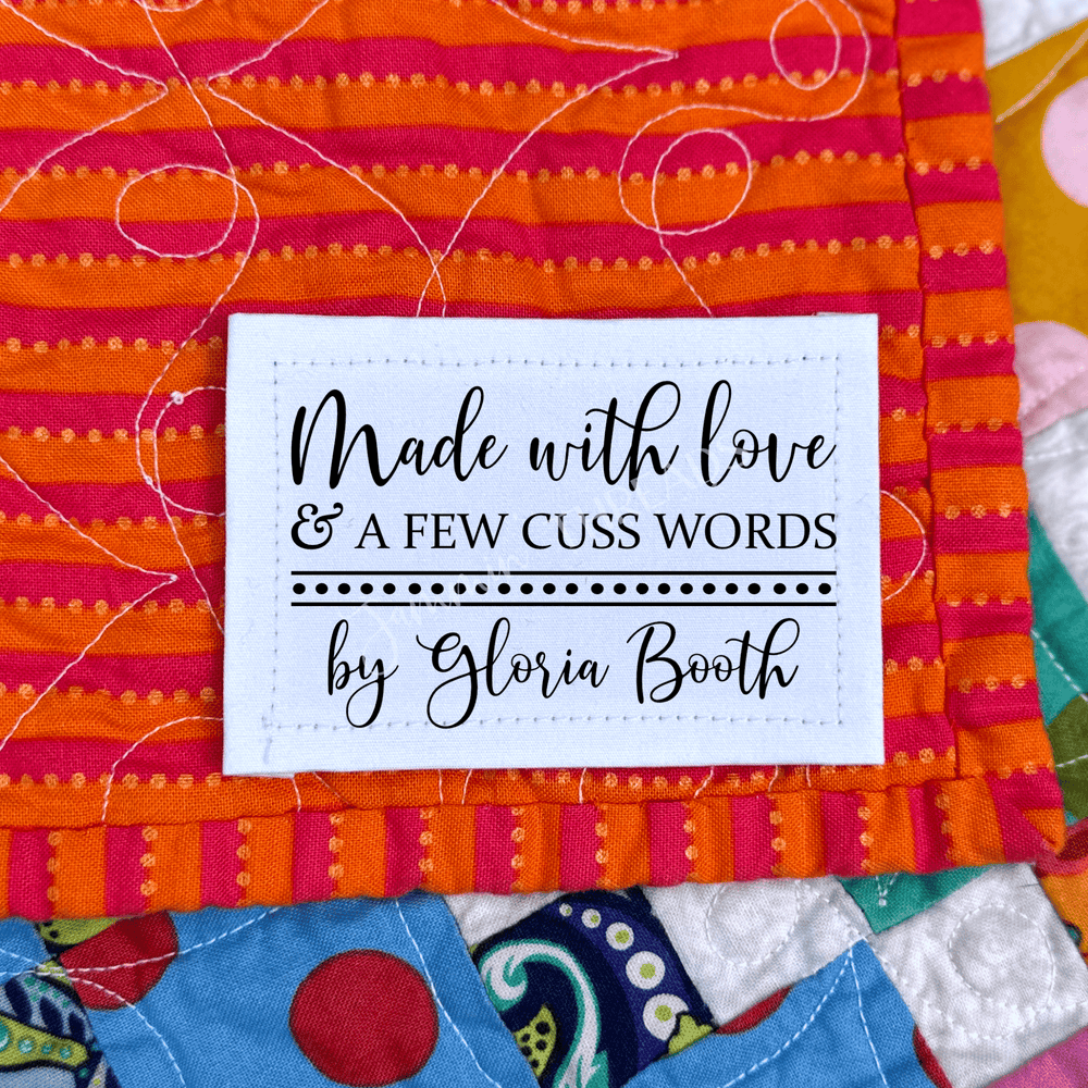 Funny Personalized Quilt Label – Made With Love & A Few Cuss Words – Custom Quilt Tag – 8 Fabric Labels per Sheet – 2.75" x 1.75" - Jammin Threads