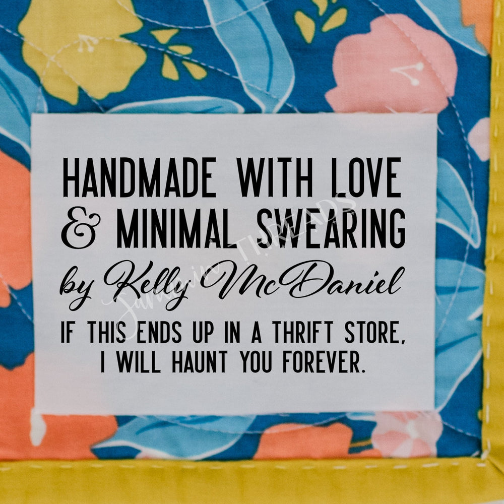 Funny Personalized Quilt Label – Handmade with Love & Minimal Swearing | Custom Name Quilt Tag (8 per Sheet) - Jammin Threads
