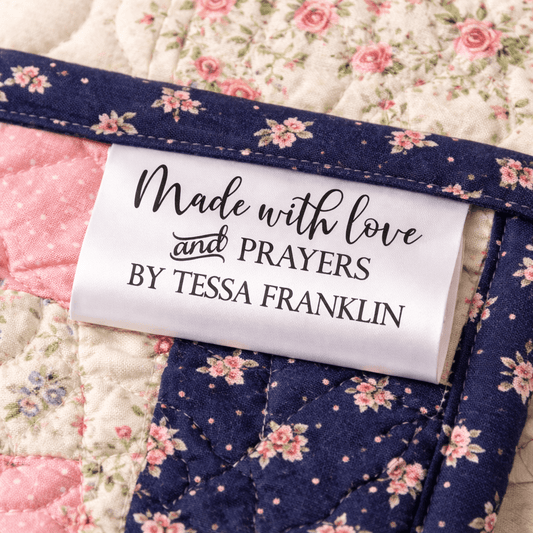 Made With Love and Prayers Satin Quilt Tags | Personalized Sewing Labels | Custom Handmade Fabric Tags | Fold Over Quilt Tags (Set of 25) - Jammin Threads