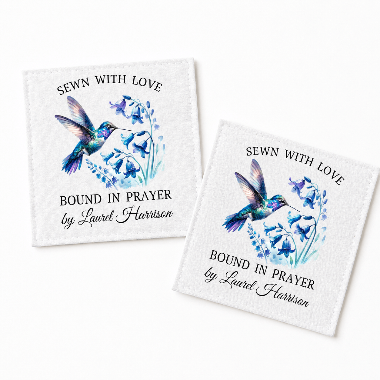 Made with Love Bound in Prayer Personalized Hummingbird Quilt Label | 2.5x2.75" Custom Quilt Tag - Jammin Threads