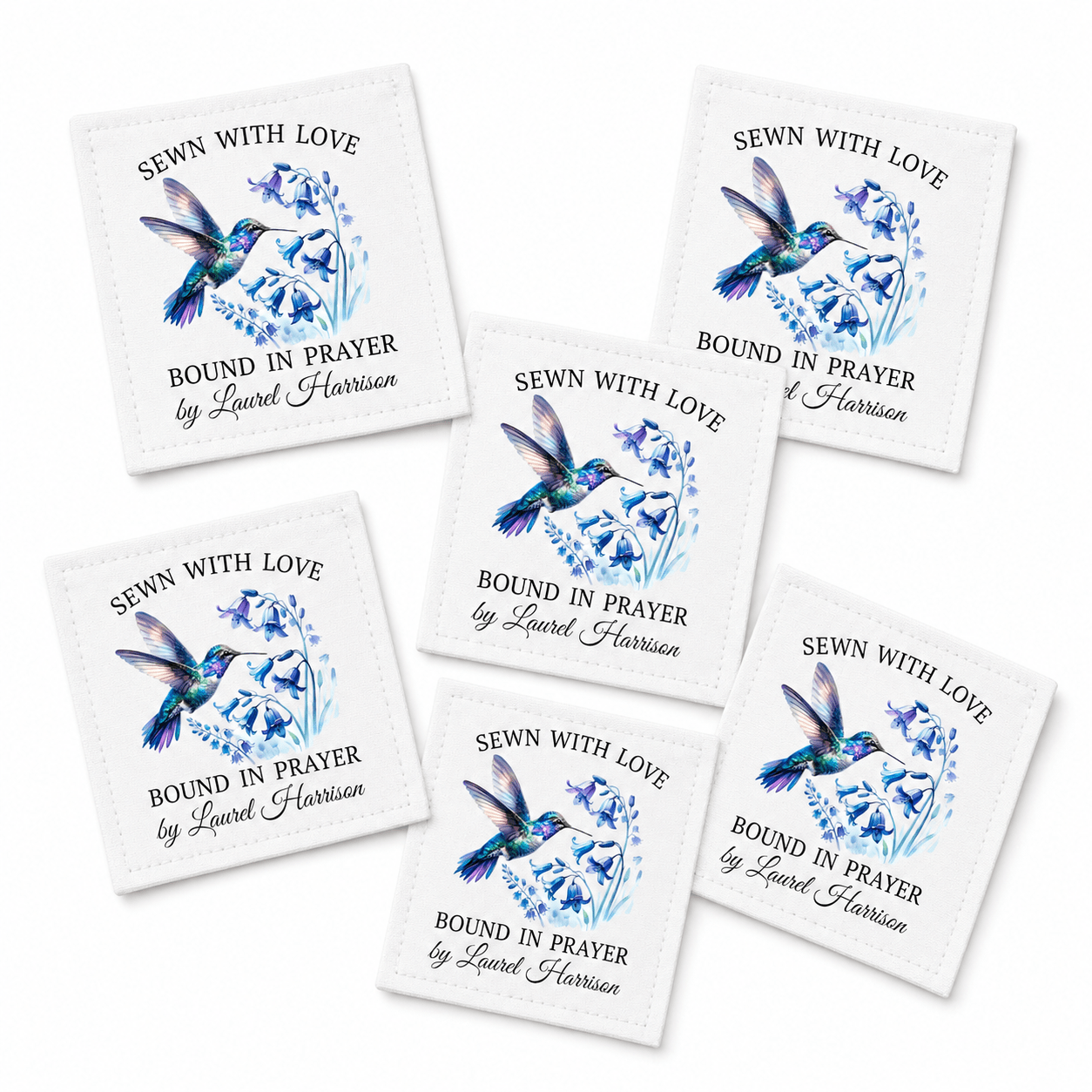 Made with Love Bound in Prayer Personalized Hummingbird Quilt Label | 2.5x2.75" Custom Quilt Tag - Jammin Threads