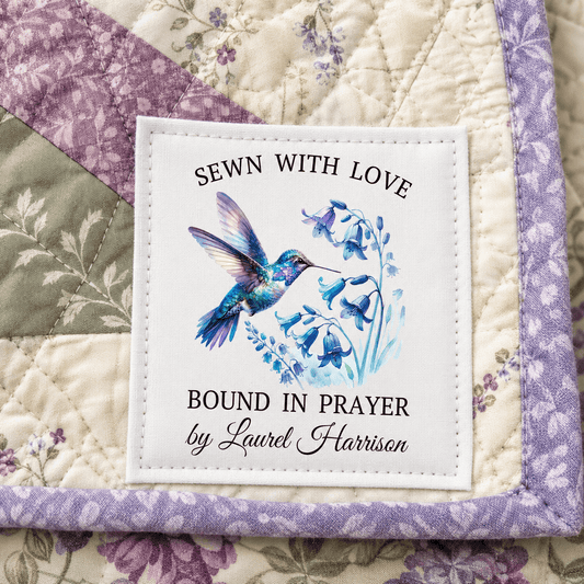 Made with Love Bound in Prayer Personalized Hummingbird Quilt Label | 2.5x2.75" Custom Quilt Tag - Jammin Threads
