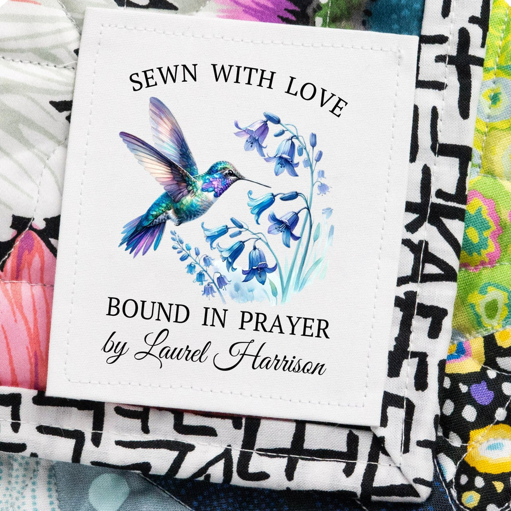 Made with Love Bound in Prayer Personalized Hummingbird Quilt Label | 2.5x2.75" Custom Quilt Tag - Jammin Threads