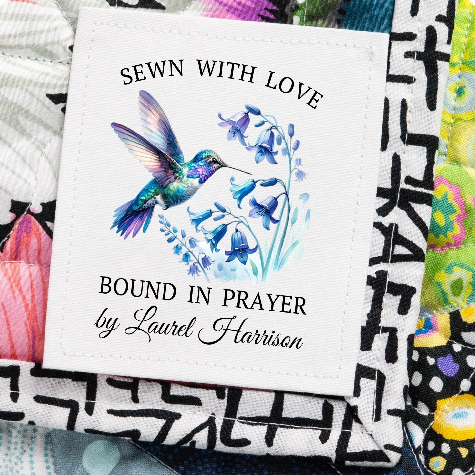 Made with Love Bound in Prayer Personalized Hummingbird Quilt Label | 3x3 Custom Quilt Tag - Jammin Threads