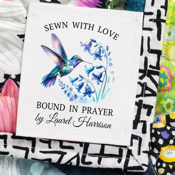 Made with Love Bound in Prayer Personalized Hummingbird Quilt Label | 3x3 Custom Quilt Tag - Jammin Threads