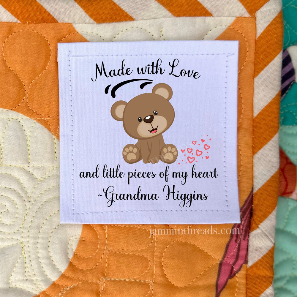 Made With Love & Little Pieces of My Heart • Personalized Teddy Bear Quilt Labels (2.5 x 2.5") - Jammin Threads
