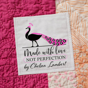 Made With Love Not Perfection Quilt Labels – Personalized Peacock Quilt Label – Custom Quilt Tag with Name – 2.5" Sewing Labels (6 per Sheet) - Jammin Threads