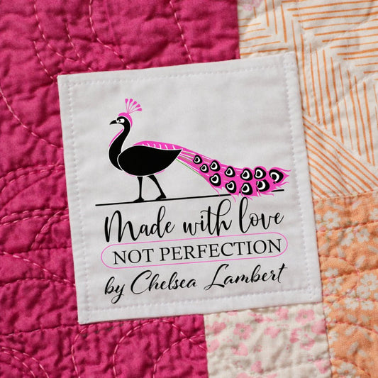 Made With Love Not Perfection Quilt Labels – Personalized Peacock Quilt Label – Custom Quilt Tag with Name – 2.5" Sewing Labels (6 per Sheet) - Jammin Threads