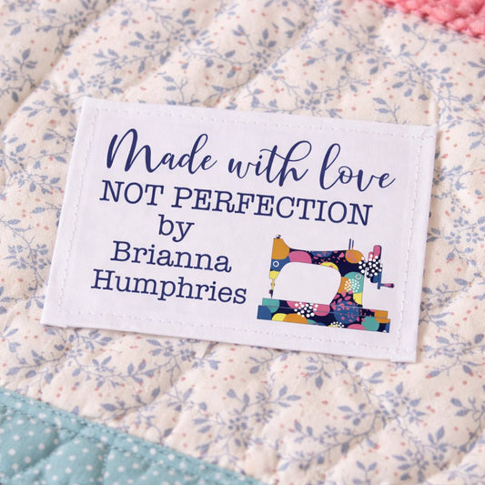 Made With Love Not Perfection Quilt Labels – Personalized Sewing Machine Quilt Label – Custom Quilt Tag with Name – 2.5 x 1.75" (8 per Sheet) - Jammin Threads