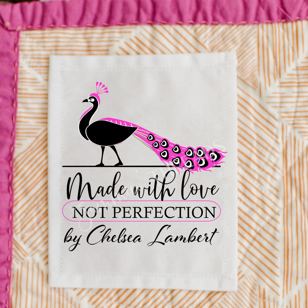 Made With Love Not Perfection Quilt Labels – Personalized Peacock Quilt Label – Custom Quilt Tag with Name – 2.5" Sewing Labels (6 per Sheet) - Jammin Threads