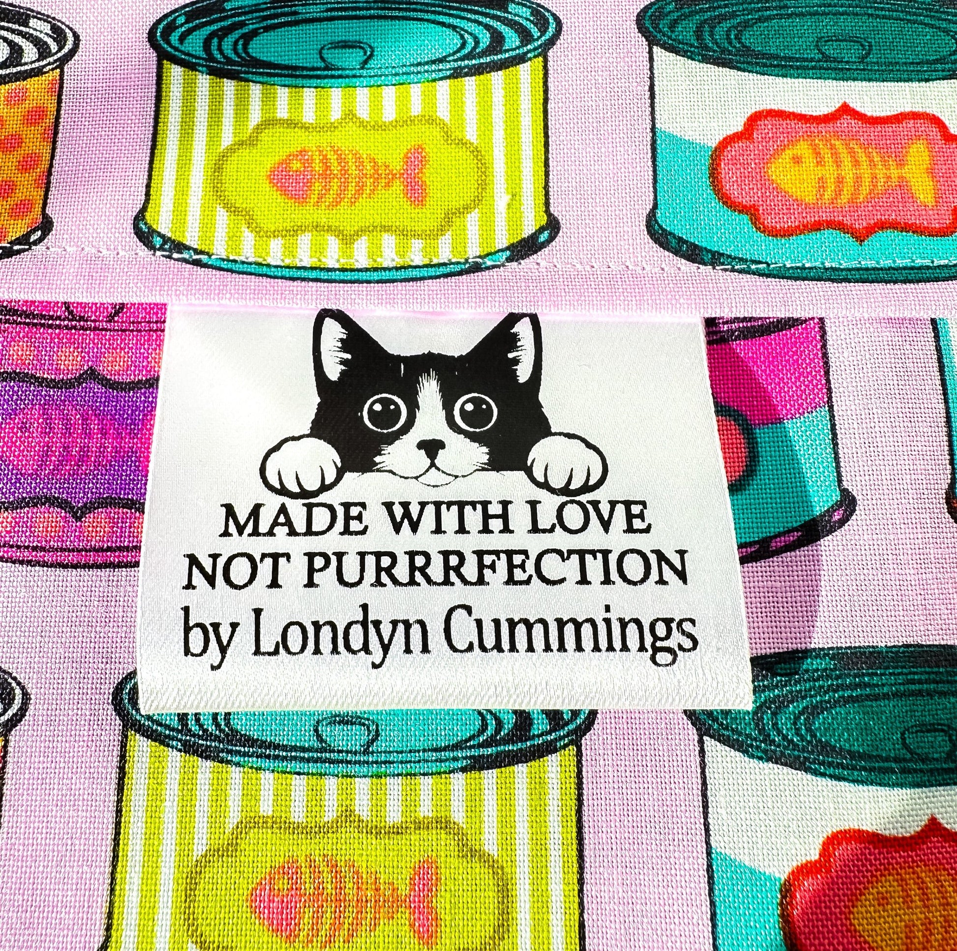 Made with Love Not Purrrfection. Peeking cat satin tags - Jammin Threads