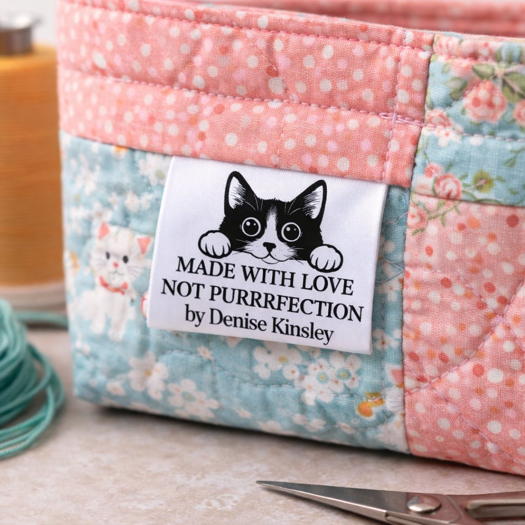 Made With Love Not Purrrfection Satin Sewing Labels | Personalized Cat Sewing Tags | Custom Handmade Labels With Name | Fold Over Fabric Tags (Set of 25) - Jammin Threads