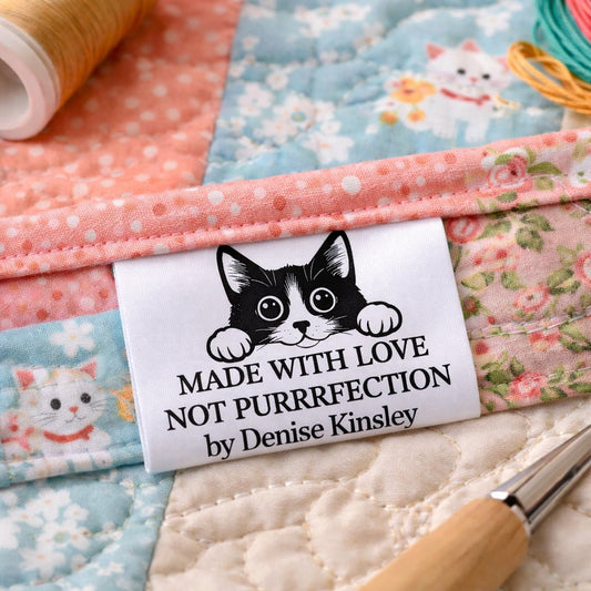Made With Love Not Purrrfection Satin Sewing Labels | Personalized Cat Sewing Tags | Custom Handmade Labels With Name | Fold Over Fabric Tags (Set of 25) - Jammin Threads