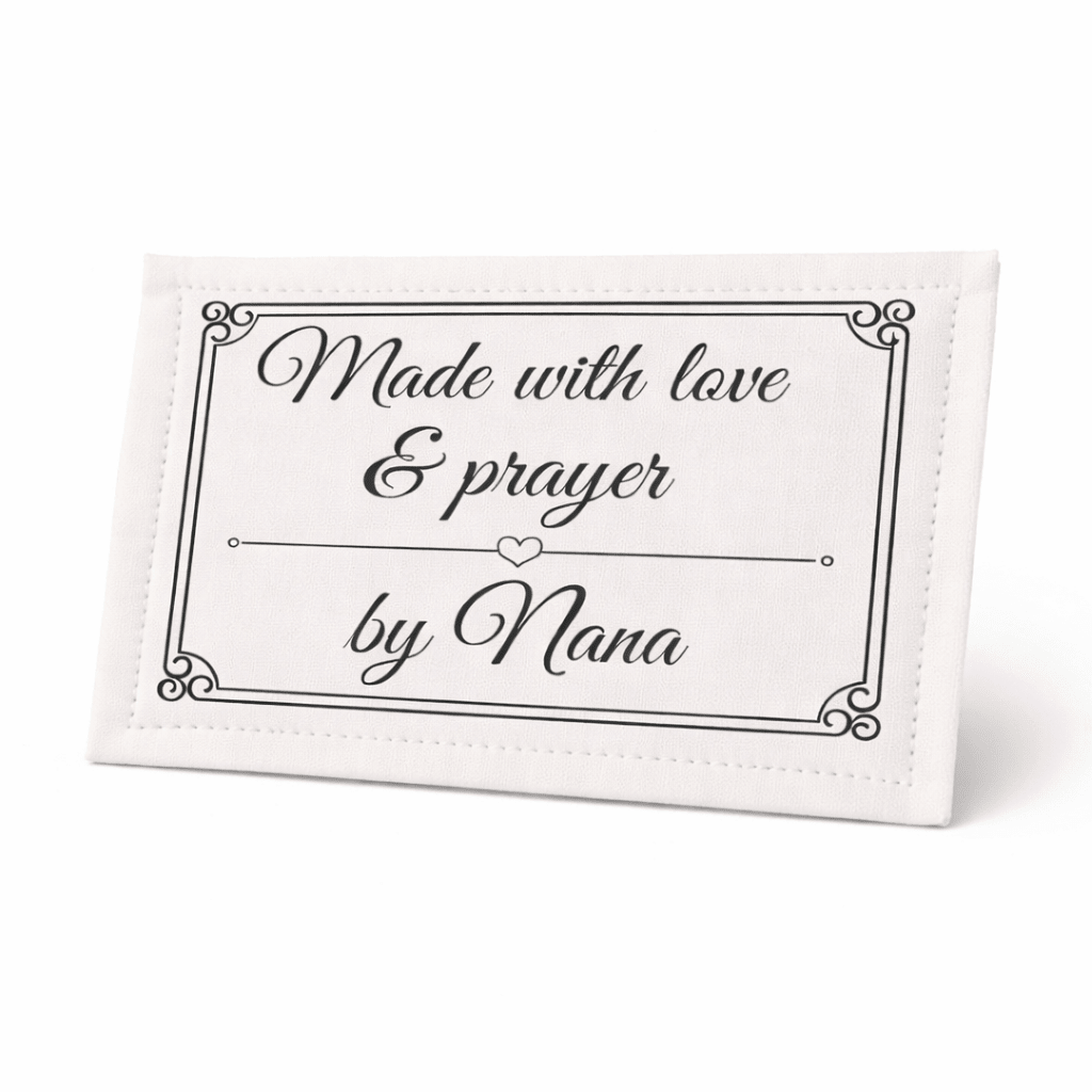 Made with Love & Prayer Quilt Labels – Personalized Name, Ornate Frame Design, 6 Per Sheet, Cotton or Polyester Fabric Tags - Jammin Threads