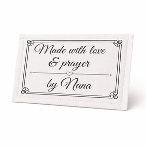 Made with Love & Prayer Quilt Labels – Personalized Name, Ornate Frame Design, 6 Per Sheet, Cotton or Polyester Fabric Tags - Jammin Threads