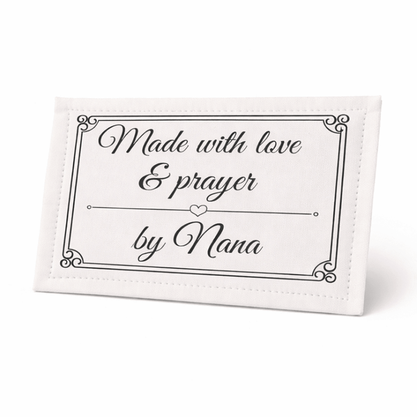Made with Love & Prayer Quilt Labels – Personalized Name, Ornate Frame Design, 6 Per Sheet, Cotton or Polyester Fabric Tags - Jammin Threads