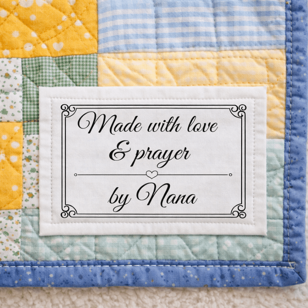 Made with Love & Prayer Quilt Labels – Personalized Name, Ornate Frame Design, 6 Per Sheet, Cotton or Polyester Fabric Tags - Jammin Threads