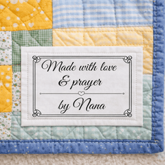 Made with Love & Prayer Quilt Labels – Personalized Name, Ornate Frame Design, 6 Per Sheet, Cotton or Polyester Fabric Tags - Jammin Threads