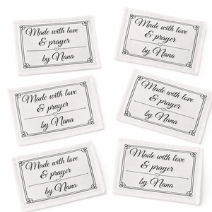 Made with Love & Prayer Quilt Labels – Personalized Name, Ornate Frame Design, 6 Per Sheet, Cotton or Polyester Fabric Tags - Jammin Threads